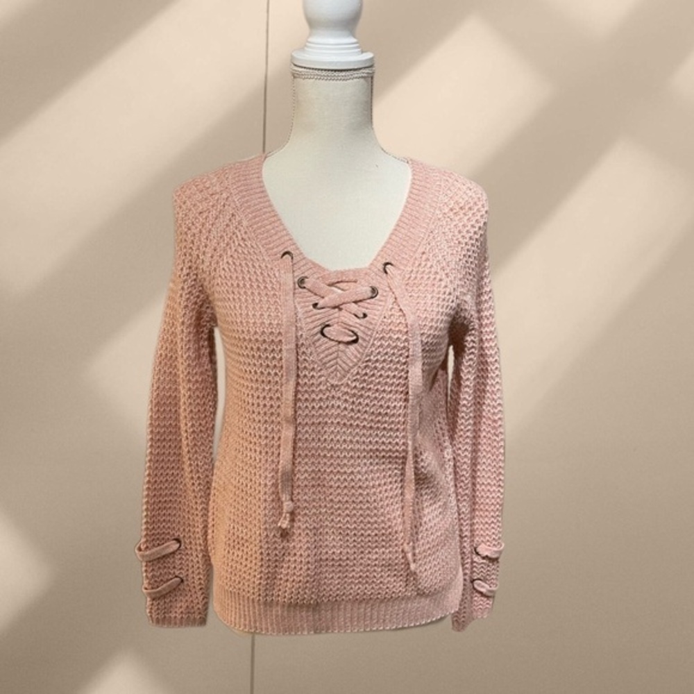 ITS OUR TIME Pink Knit Lace Up Neckline Sweater Size XS